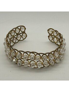 Gold Tone Cuff Bracelet Clear Bead Wide Wire Mesh Open Bangle Statement Vintage